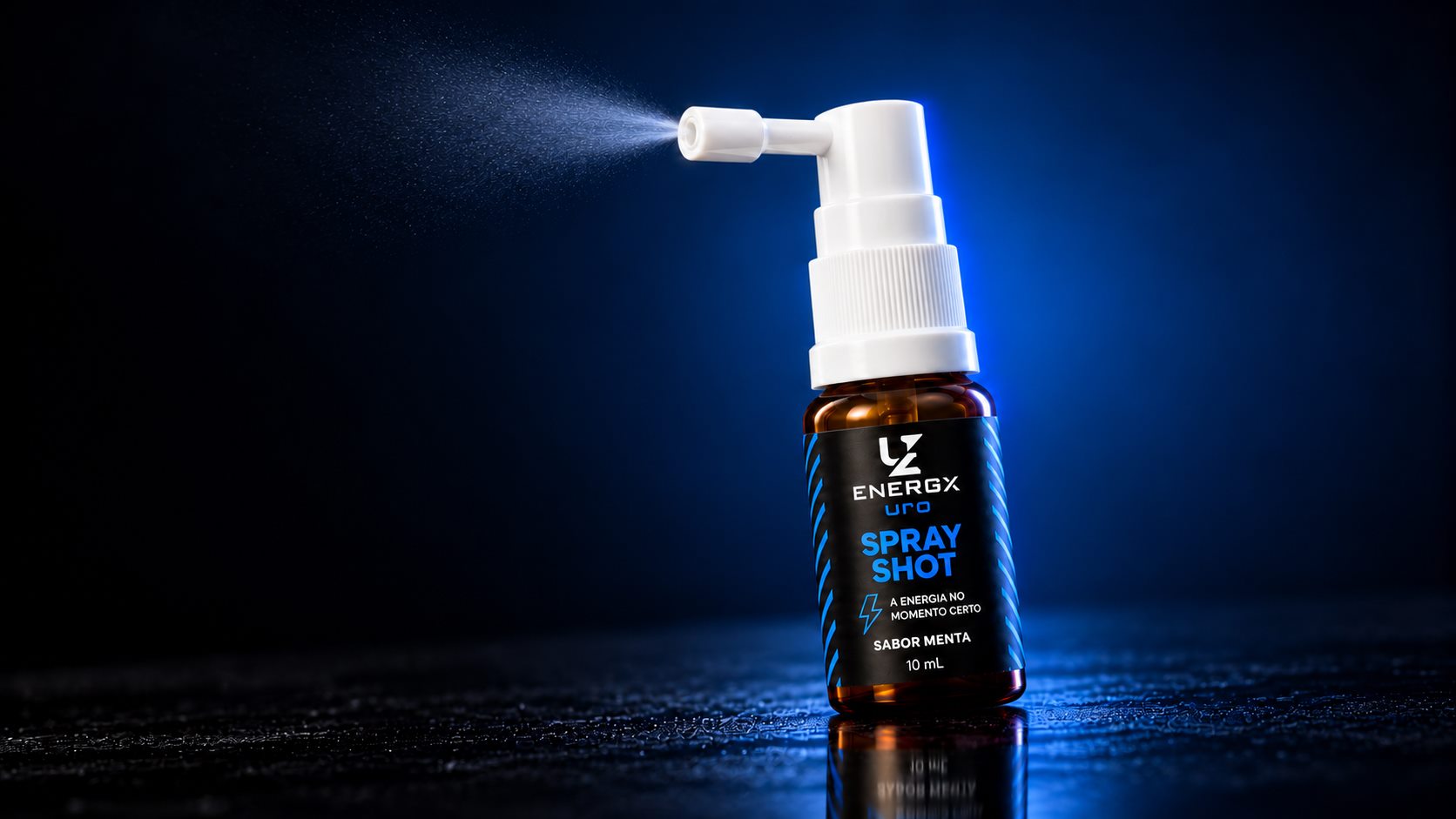 Spray Shot ENERGX URO borrifando, frasco em destaque sobre fundo azul