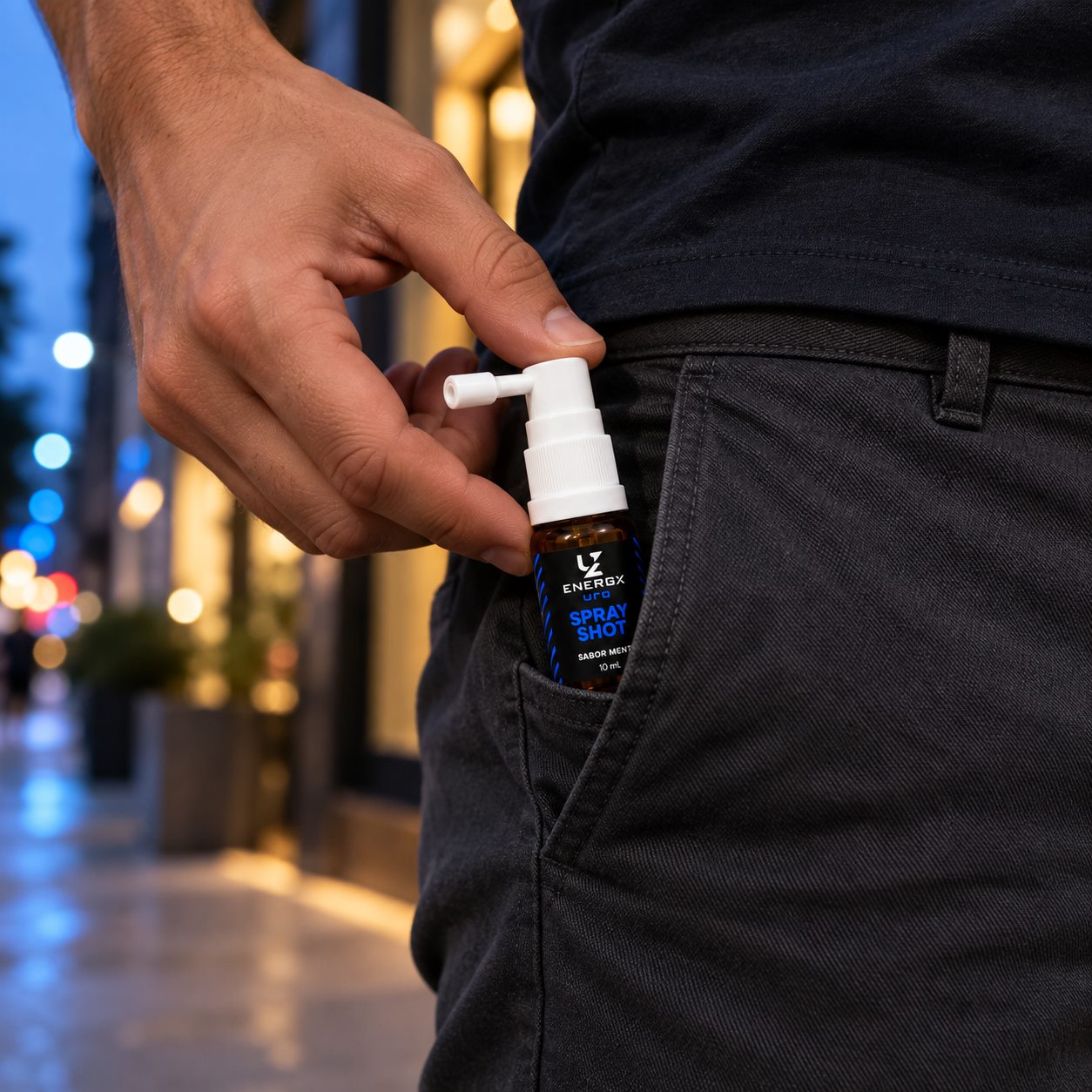 Homem retirando o Spray Shot ENERGX URO do bolso da calça na rua
